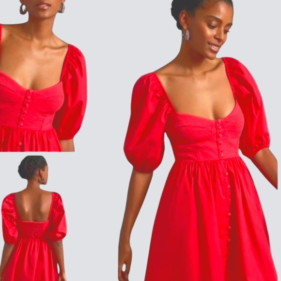 Anthropologie Maeve Sweetheart Dress Red Puffed Slv Smocked Button Close SM FLAW - Picture 2 of 16